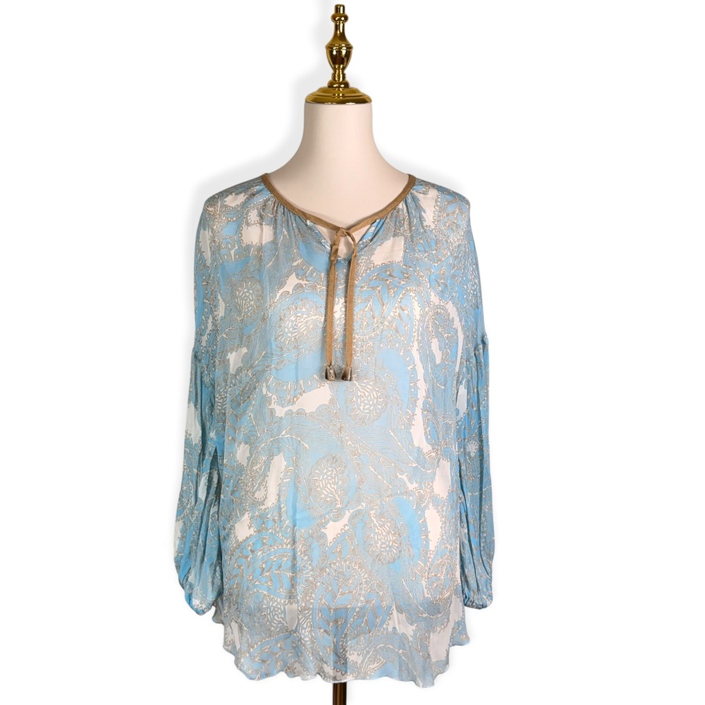 Iris Setlakwe Chiffon Paisley Blouse 10 Blue Boho Sheer‎ Luxury Tunic Romantic